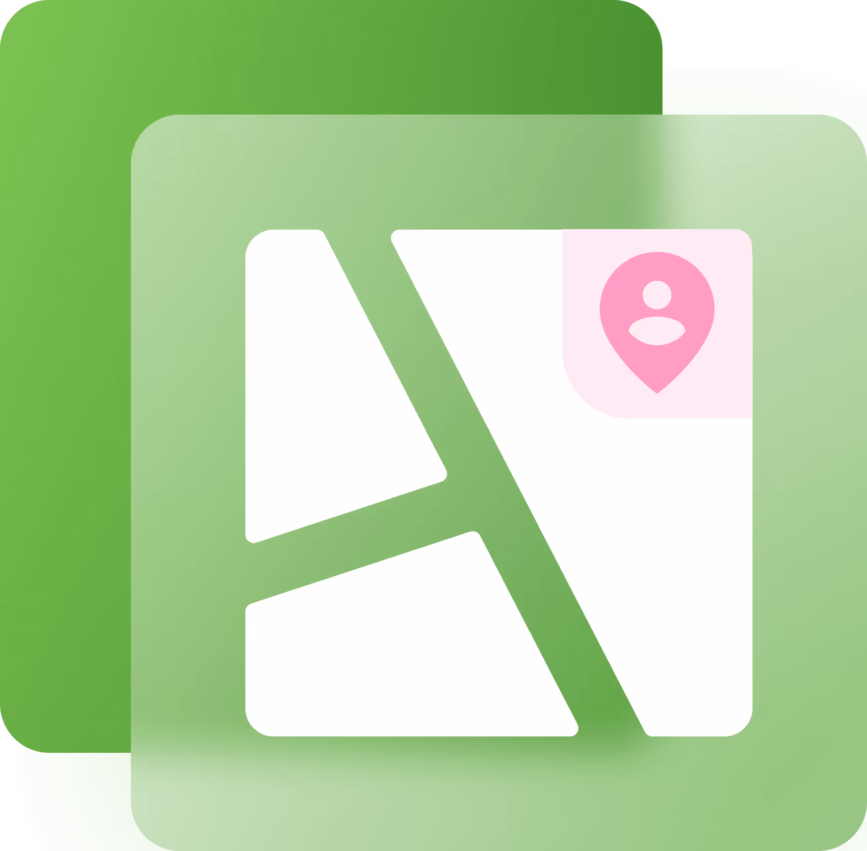 Stylized map icon with white map lines and a pink location pin showing a user profile symbol, over a green rounded square background.
