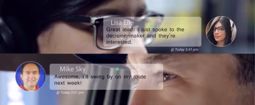 Two close-up side profile faces, one wearing glasses, engaged in a text conversation shown with chat bubbles and profile pictures.