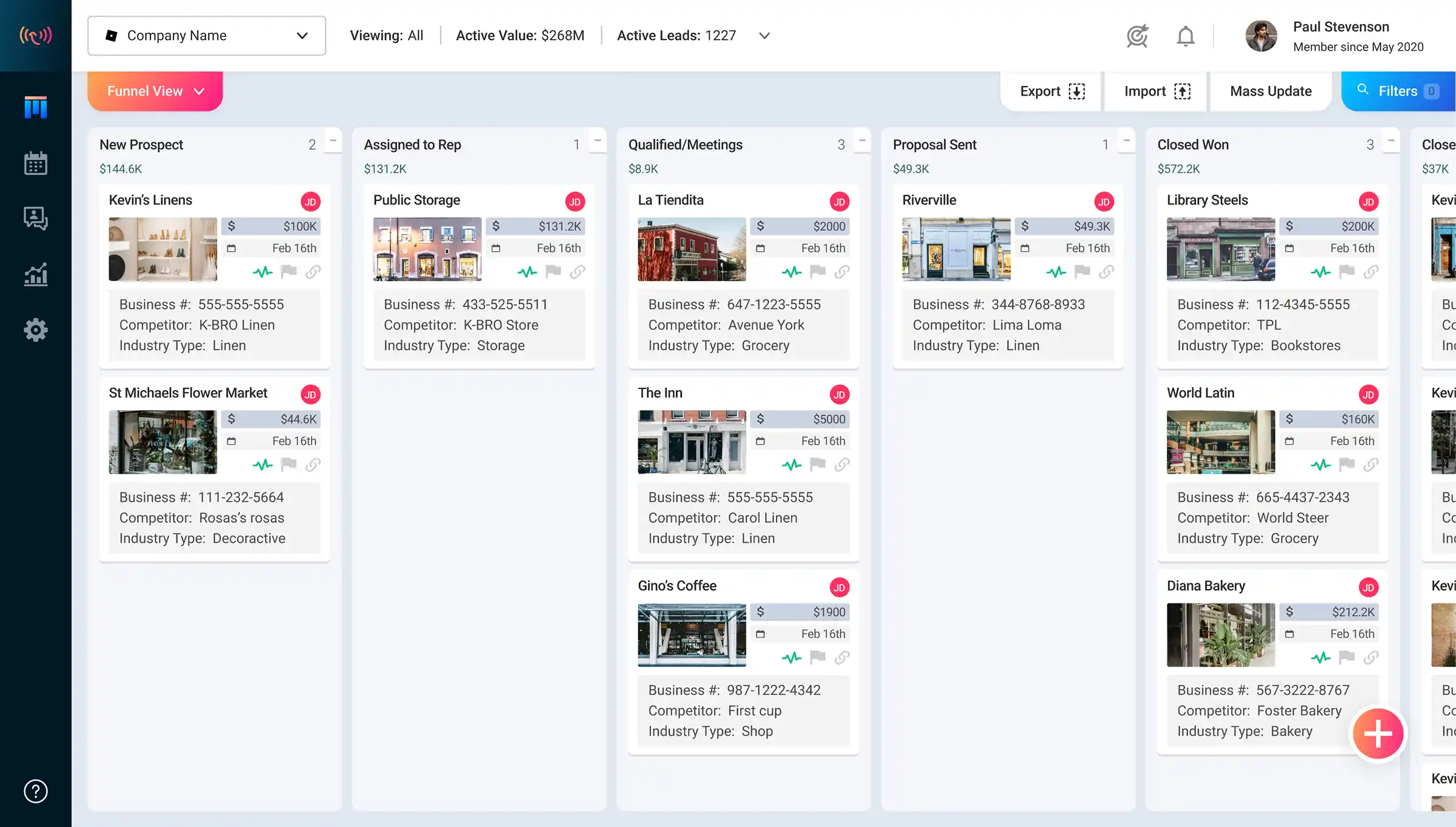 Dashboard showing a sales funnel view with columns for New Prospect, Assigned to Rep, Qualified/Meetings, Proposal Sent, and Closed Won, each containing business cards with images, business numbers, competitors, and industry types.