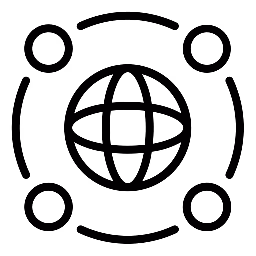 Black network icon with interconnected nodes and lines forming a mesh pattern.