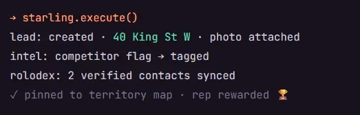 Code snippet showing starling.execute() with lead and intel details including address, tags, and rewards.