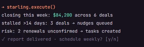 Code output showing Starling execute results with financial, deal, and task status details.
