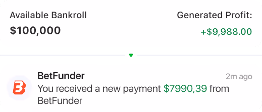 Mobile app screen showing $100,000 bankroll, $9,988 profit, and a $7,990.39 payment from BetFunder.