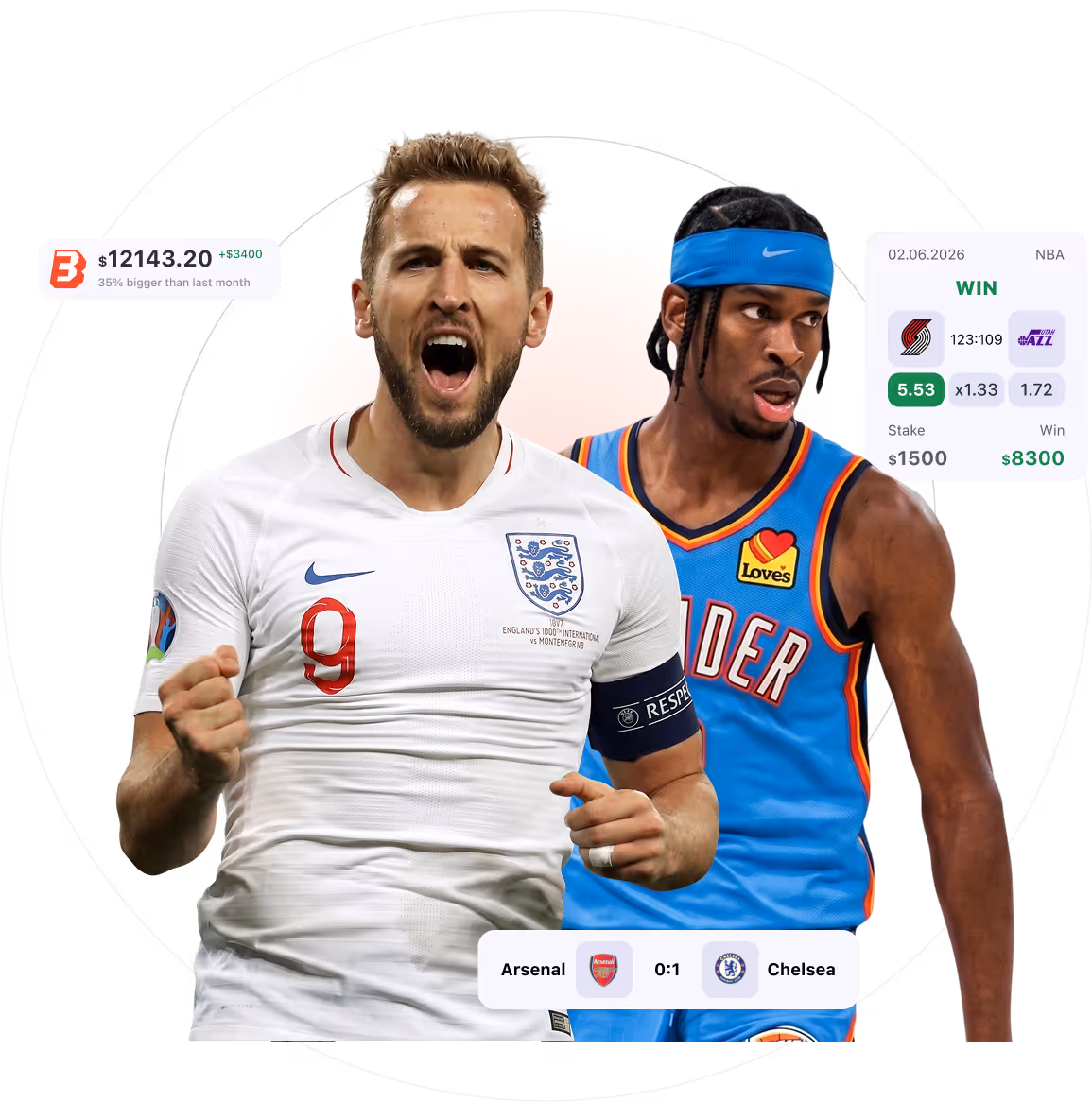 Soccer player in England jersey celebrating, basketball player in Oklahoma City Thunder uniform looking right.