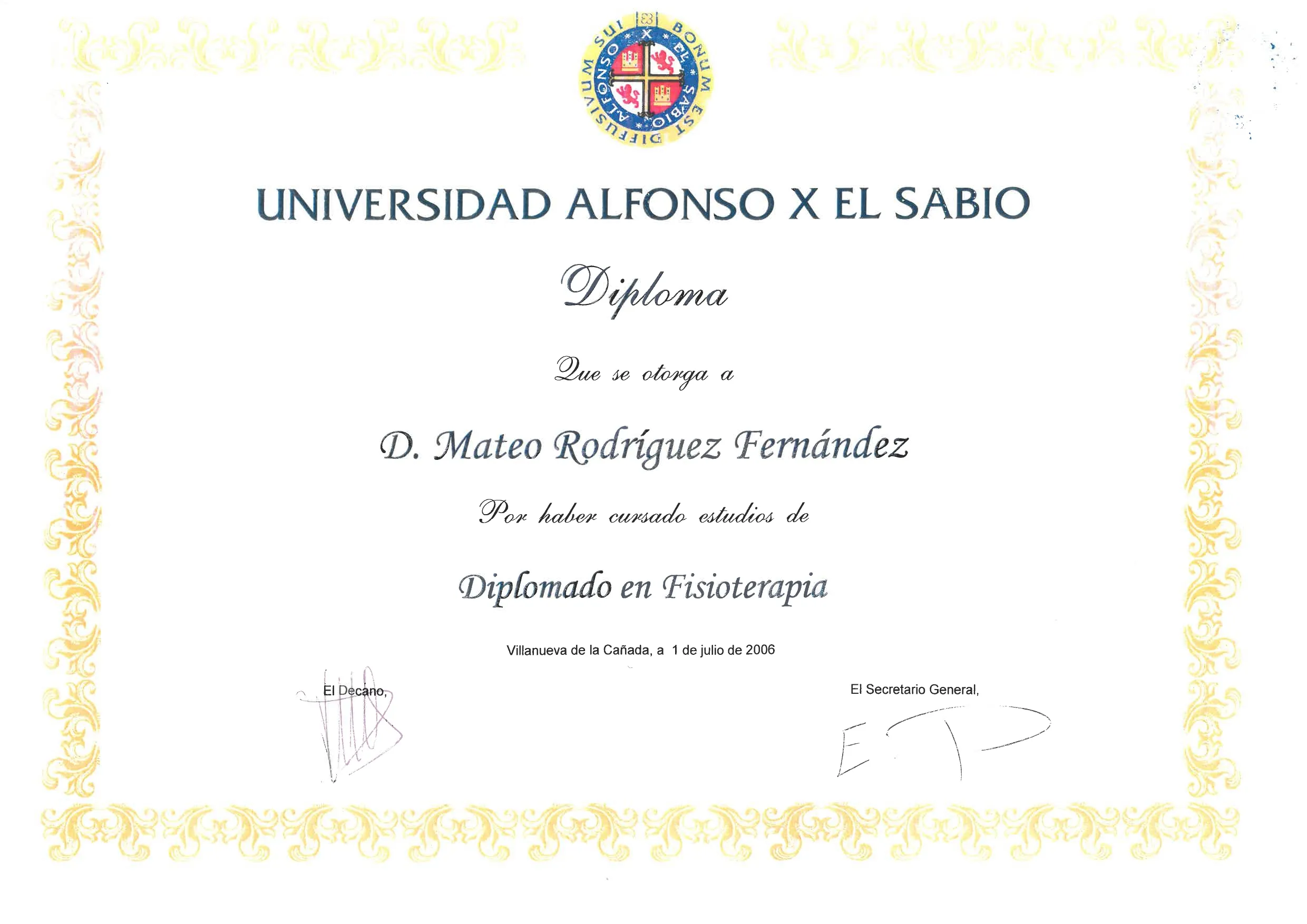 Diplôme de kinésithérapeute de Mateo Rodriguez, fondateur de H Balance.