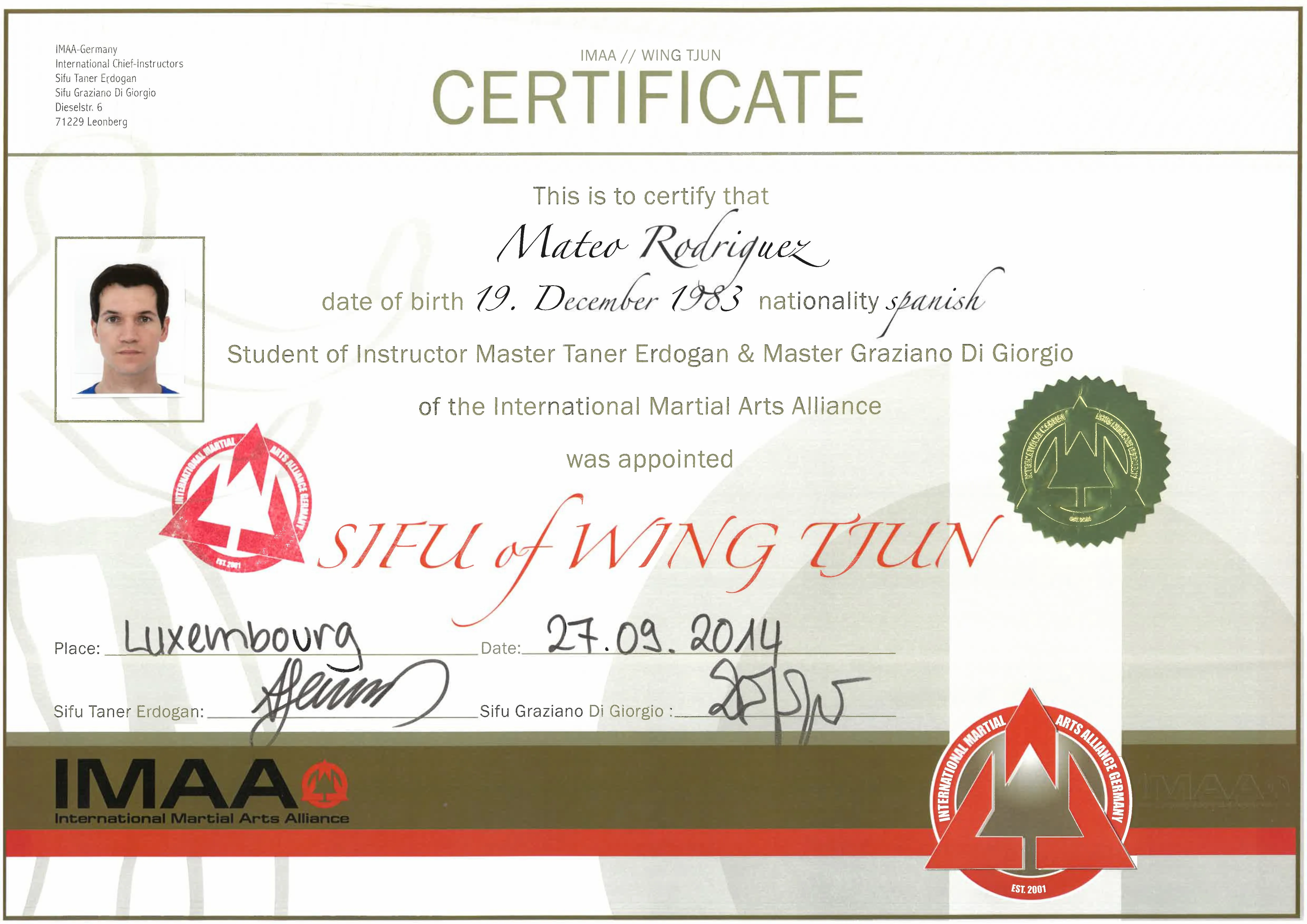 Diplôme de Sifu de Wing Tjun de Mateo Rodriguez, fondateur de H Balance à Strasbourg.