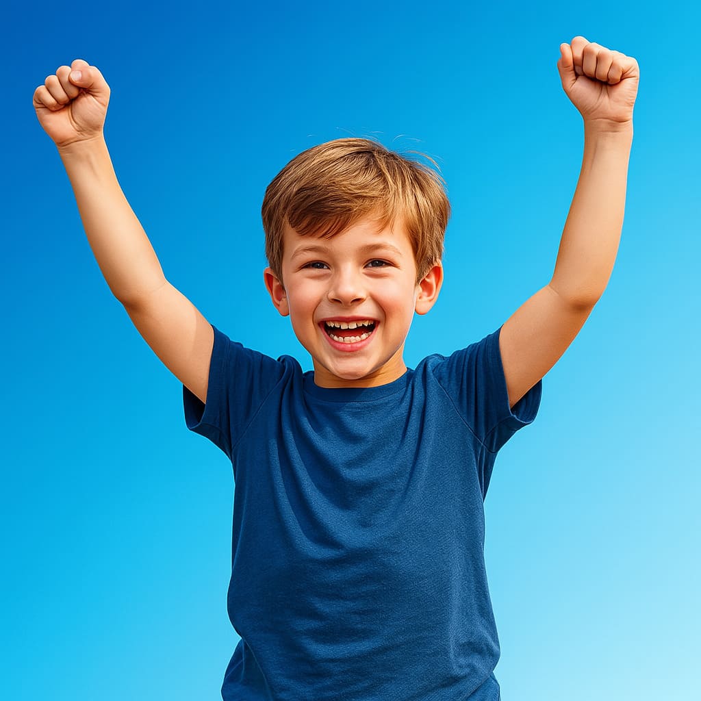 Enfant souriant levant les bras en signe de victoire, portant un t-shirt bleu sur fond ciel.