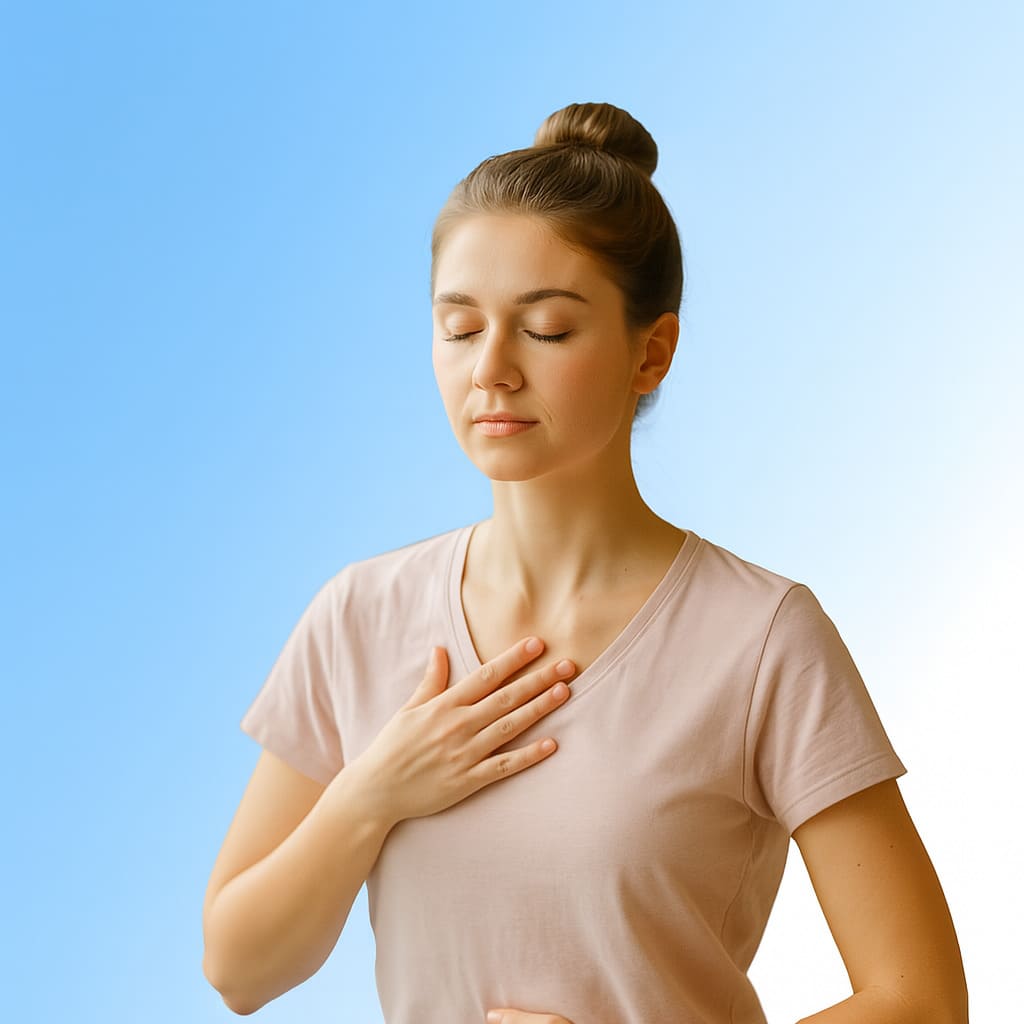 Femme pratiquant un exercice d'autorégulation physique, de respiration et de concentration, main sur la poitrine, fond bleu.