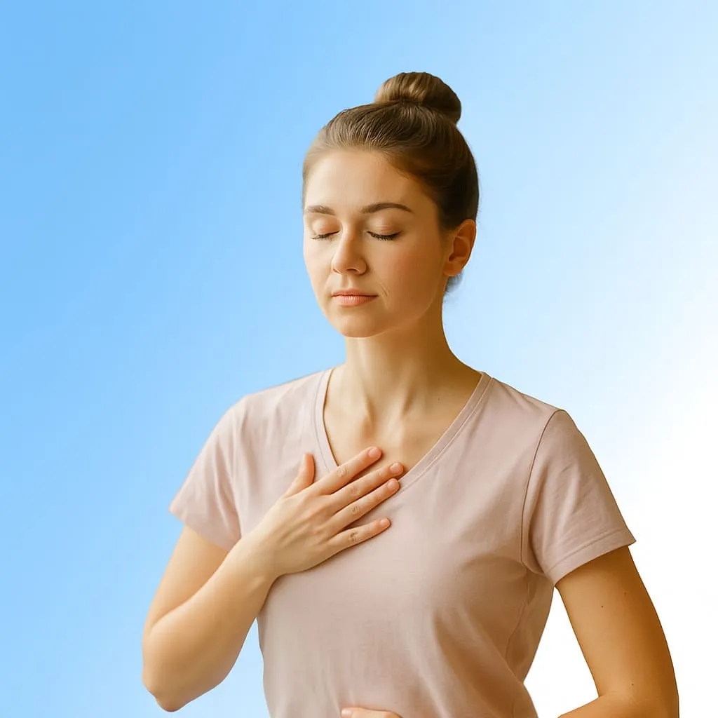 Femme pratiquant un exercice d'autorégulation physique, de respiration et de concentration, main sur la poitrine, fond bleu.