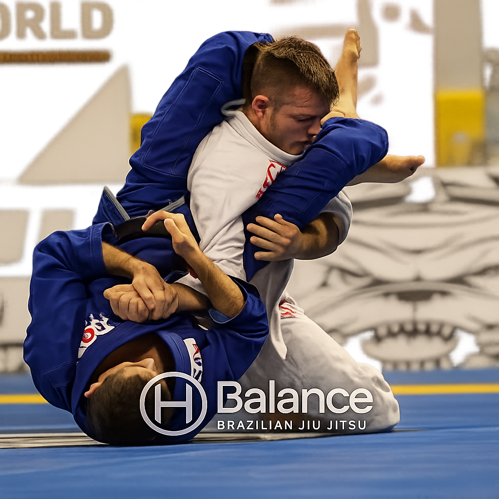 professeur de Jiu jitsu Brésilien au sol avec son élève dans une prise à l'école H BALANCE