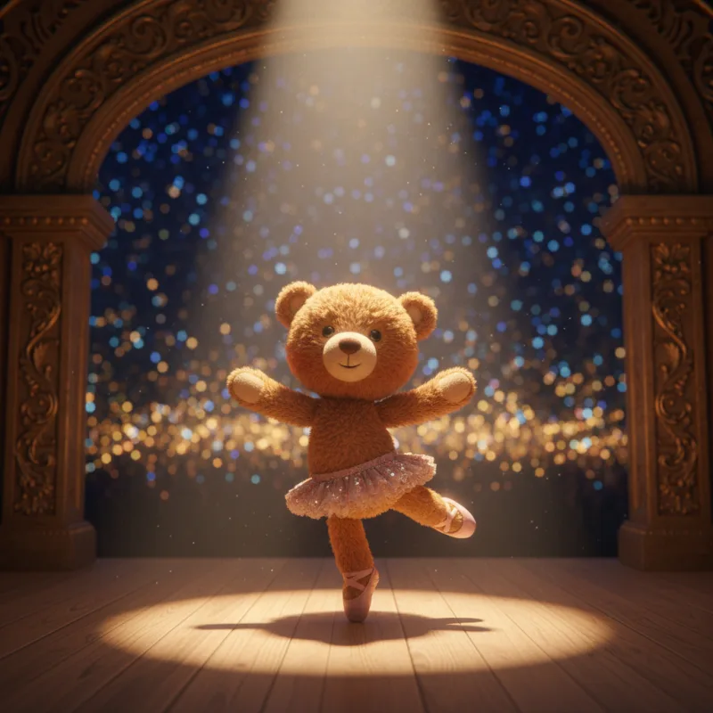 A small illustrated teddy bear dancing beneath a theatre spotlight