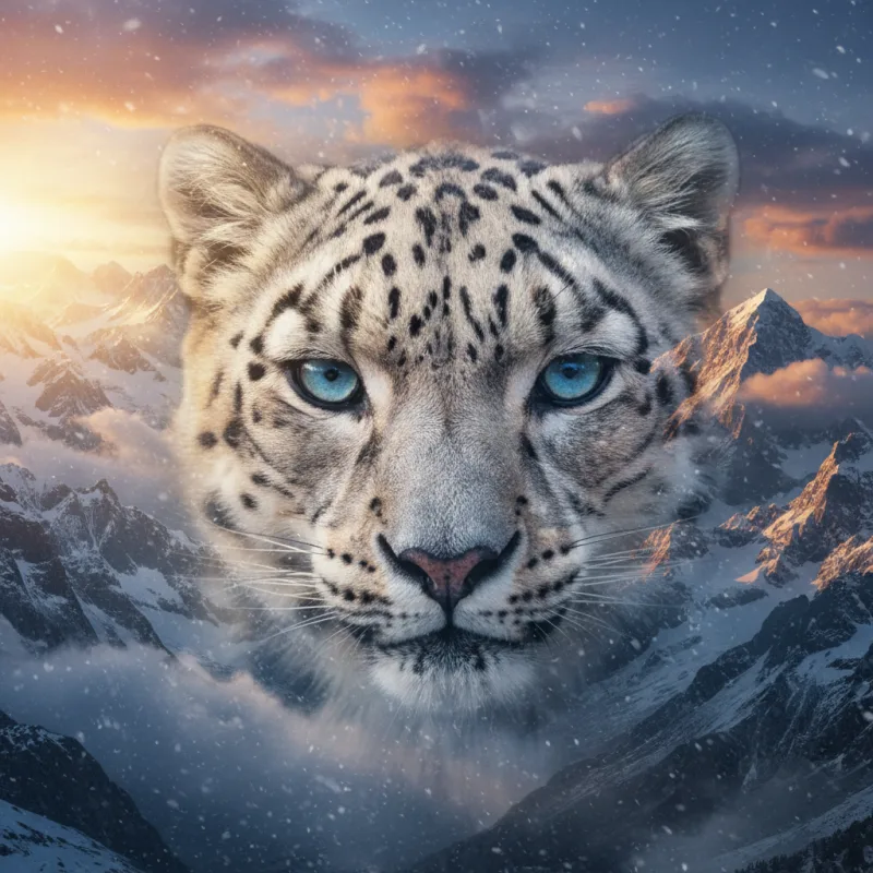 Snow leopard portrait blended with a snowy mountain landscape