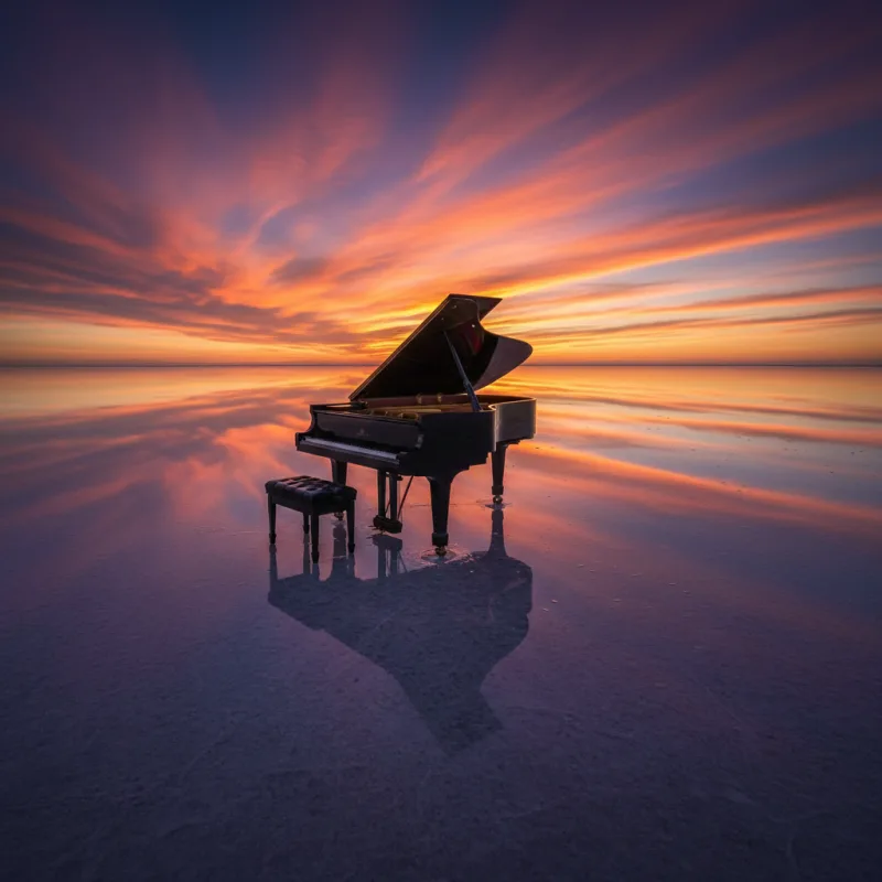 A grand piano standing in reflective water beneath a sunset sky