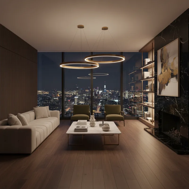 Modern apartment with sculptural lighting and a night city view