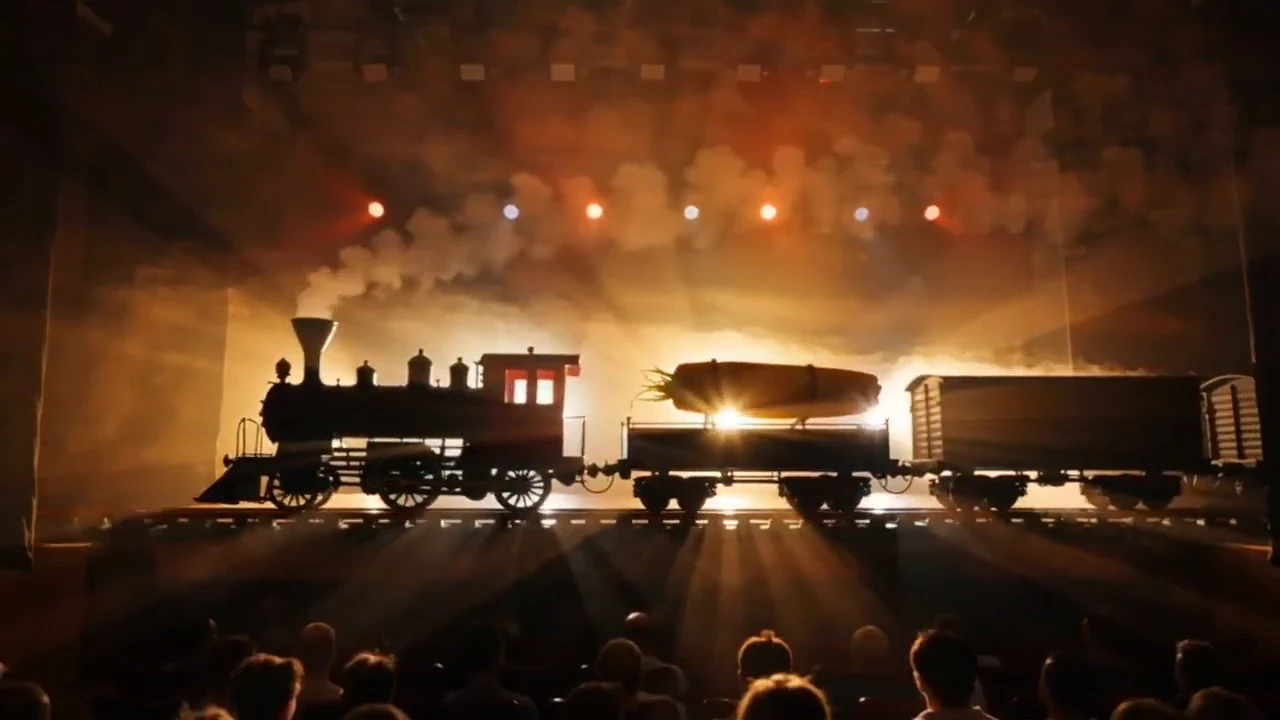 A steam train on a theatrical stage with golden backlighting and drifting smoke