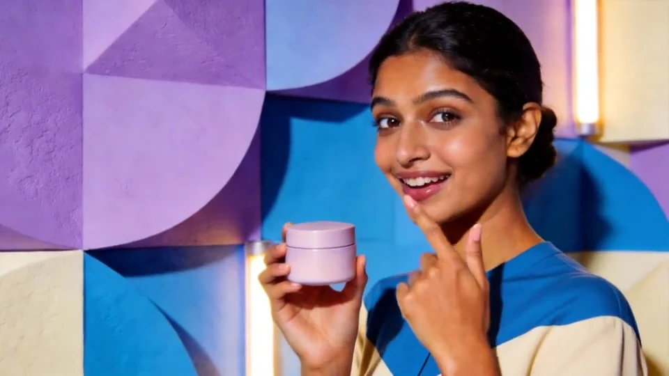 A beauty creator holding a pastel cosmetic jar