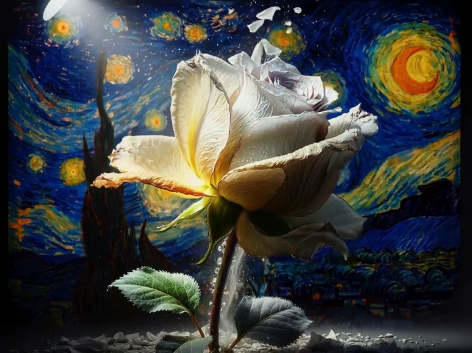 A realistic pale rose against a swirling painted night sky