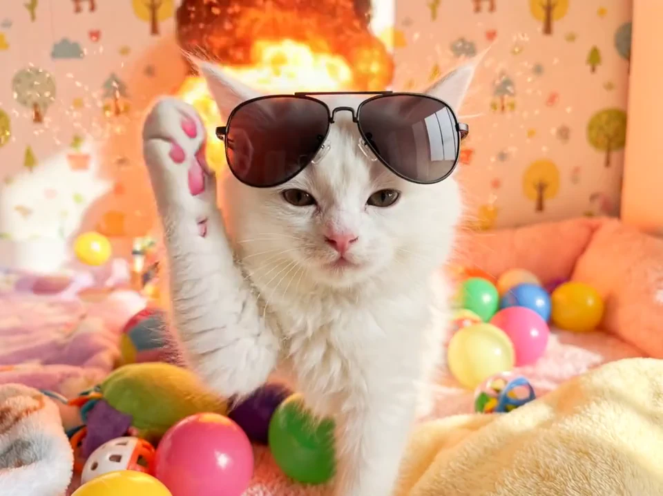 A white kitten wearing aviator sunglasses with a playful cinematic effect