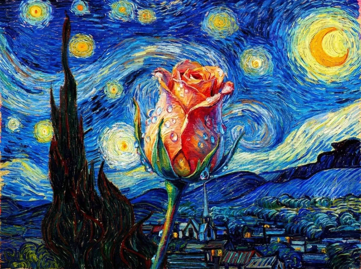 Painted orange rose against a swirling blue and yellow night sky