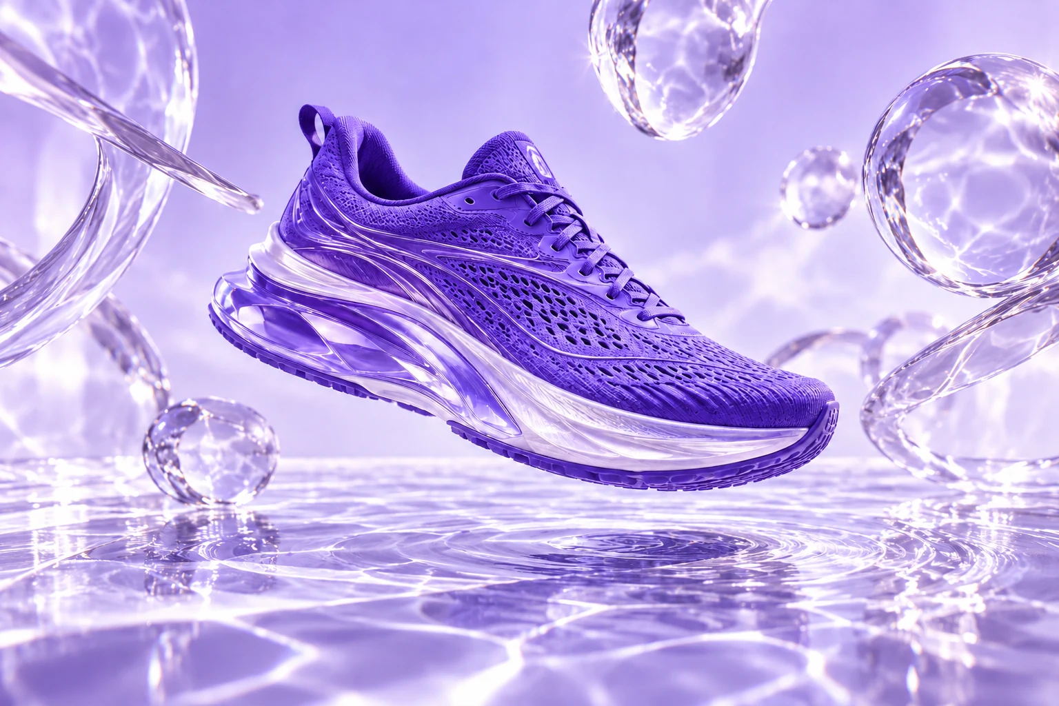 Violet running shoe suspended over lavender water and reflective glass spheres