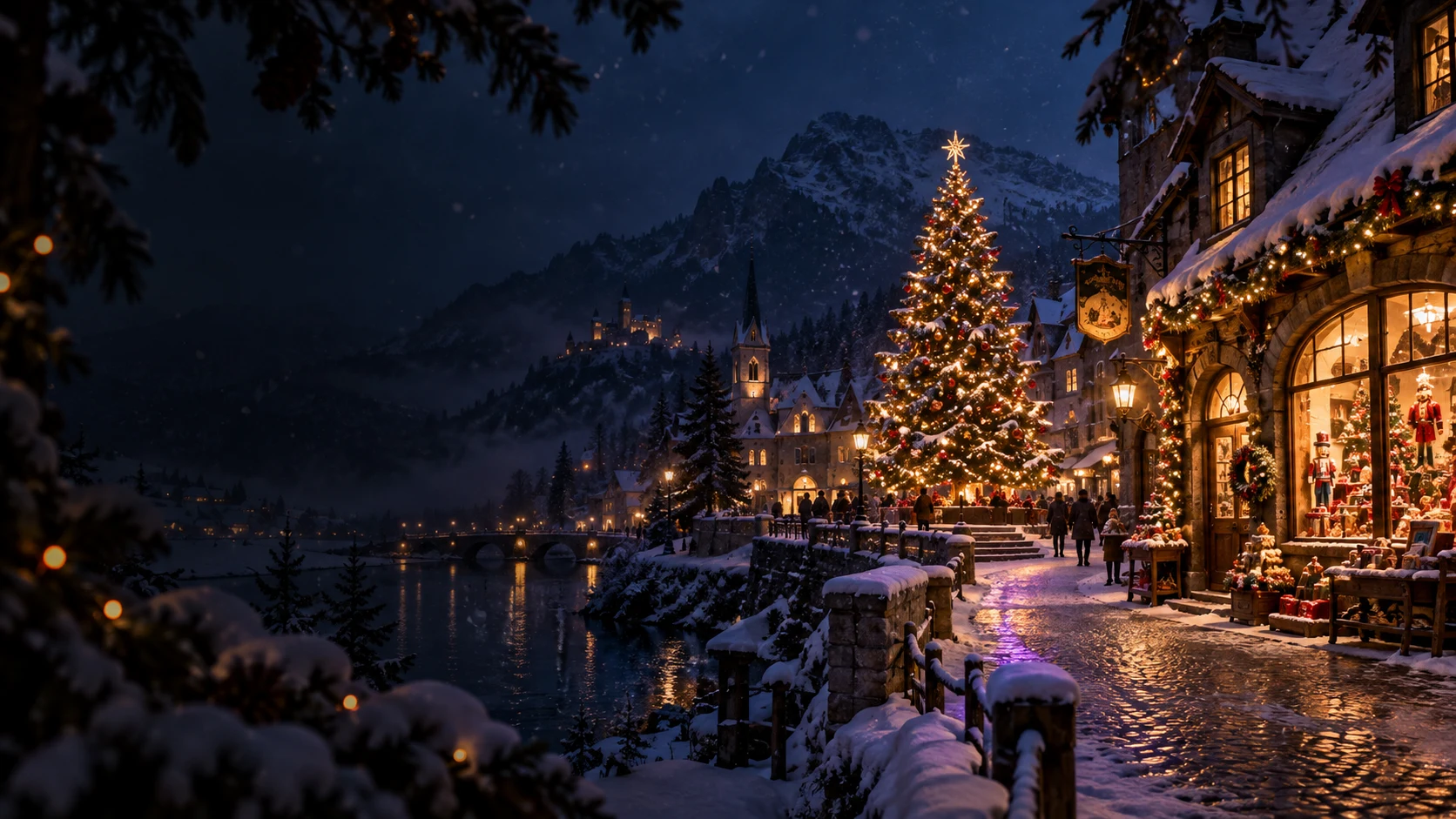 A snowy Christmas village with a glowing tree and warmly lit shops