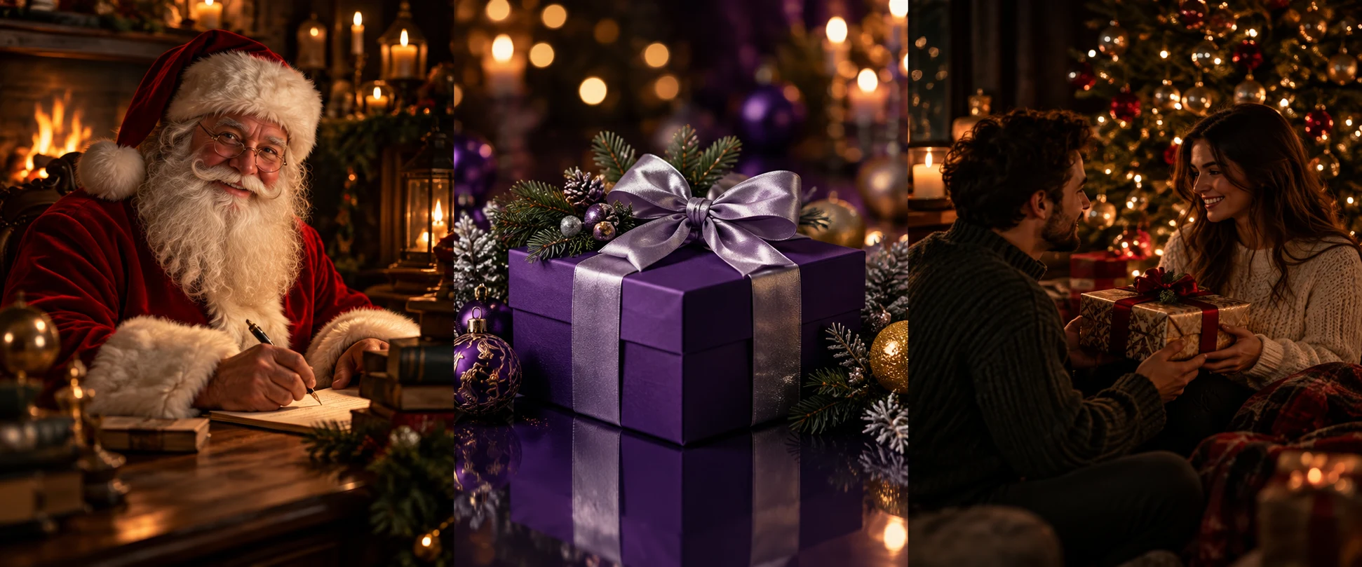Two adults sharing a gift beside a Christmas tree