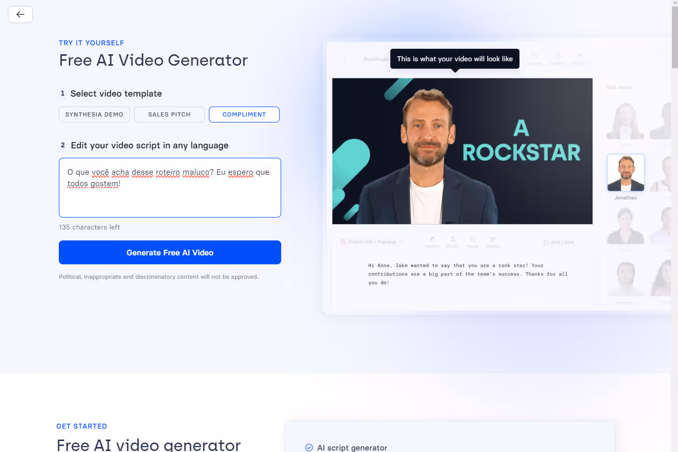 Synthesia's AI video generator interface with 120 languages