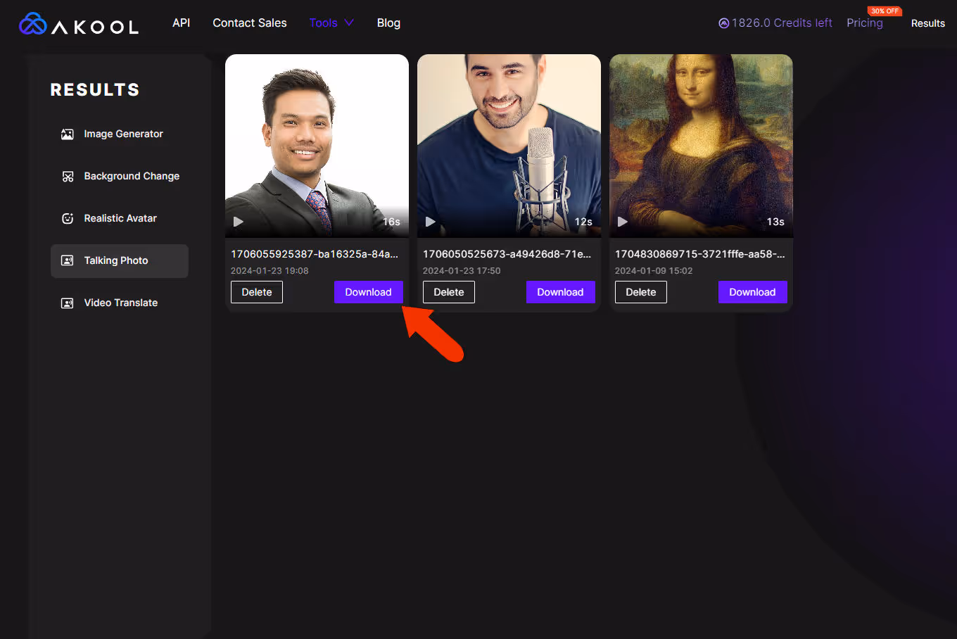 The talking photo appears when ready in the Results page, where you can click Play to see how it turned out.