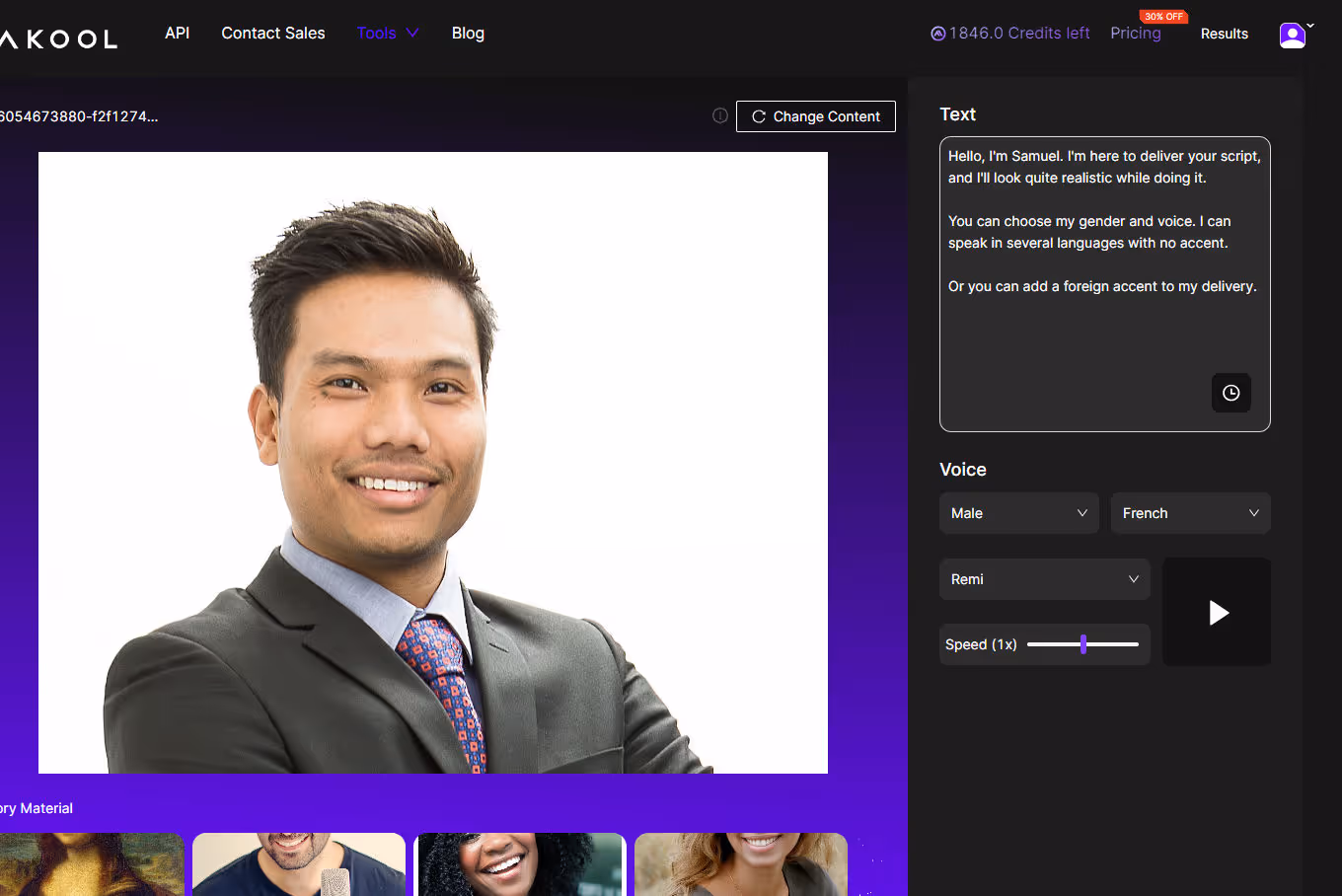 Click play on Akool's realistic avatar tool with 45 diverse avatars to choose from to create realistic videos