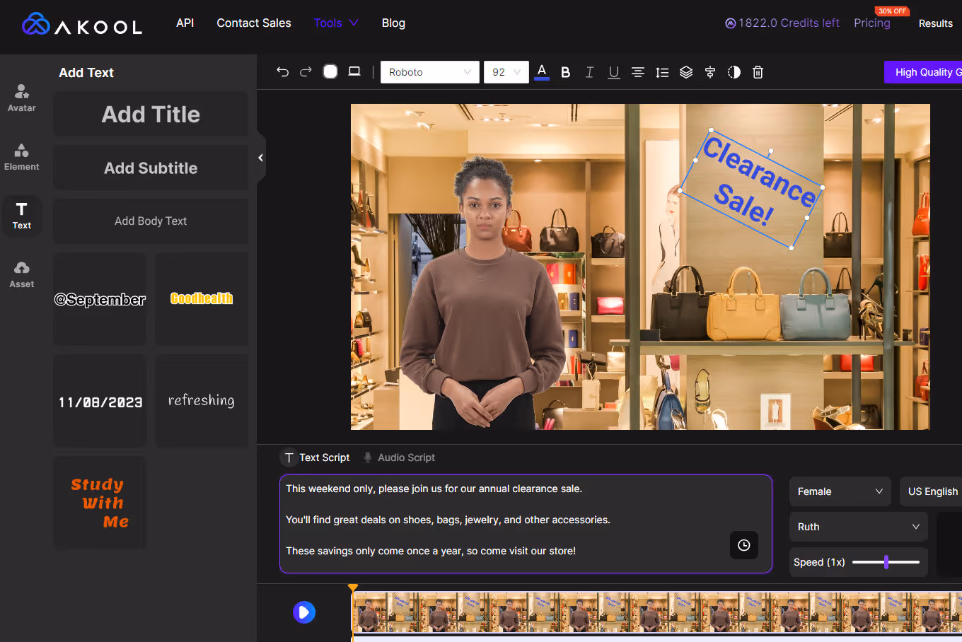 Akool's video builder interface to create realistic avatars