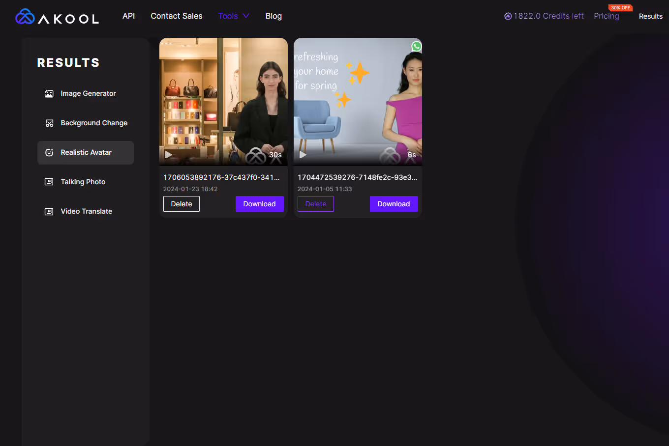 You can also find generated images, background changes, and translated videos on Akool's site.