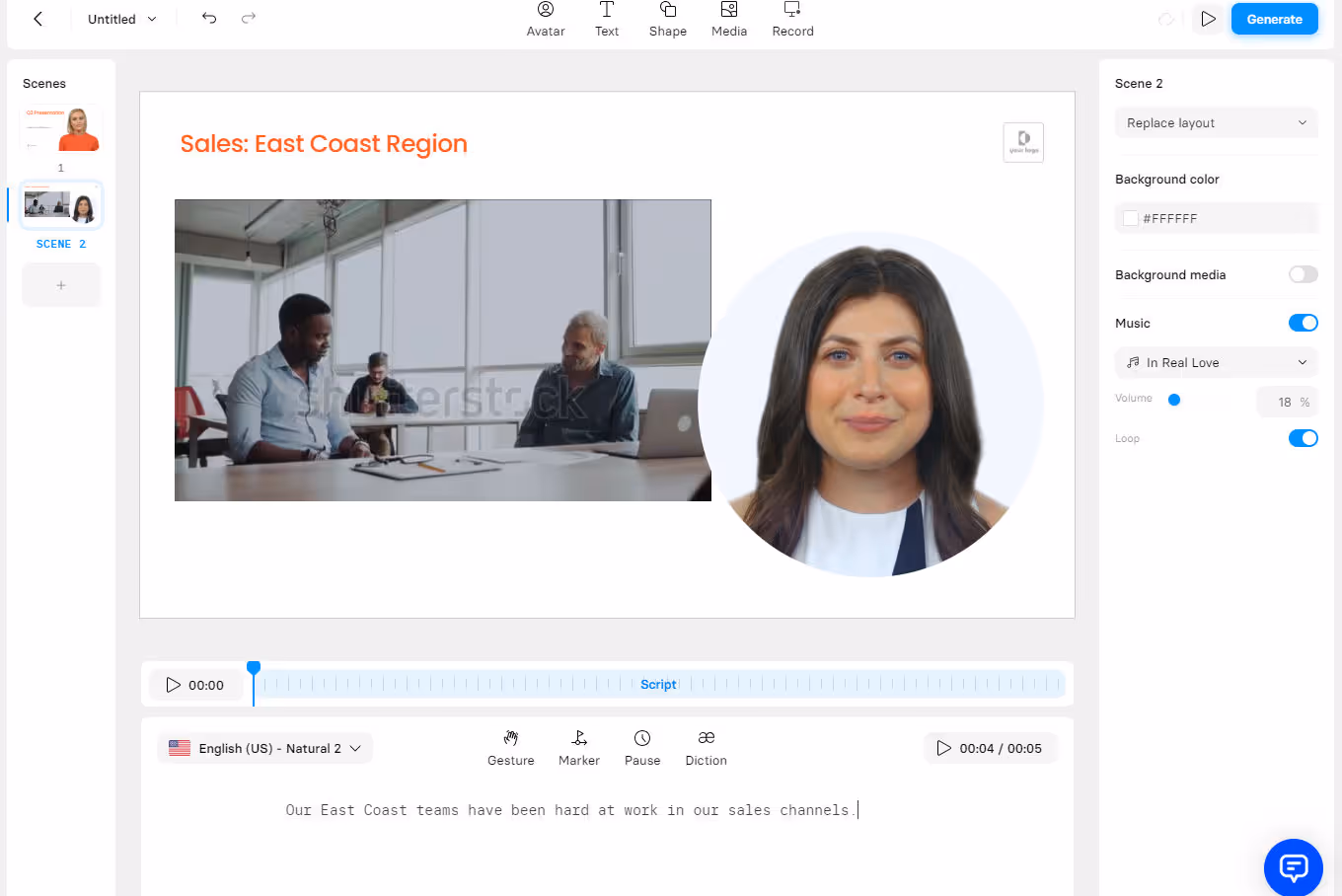 synthesia's video builder has options to access Shutterstock images and videos