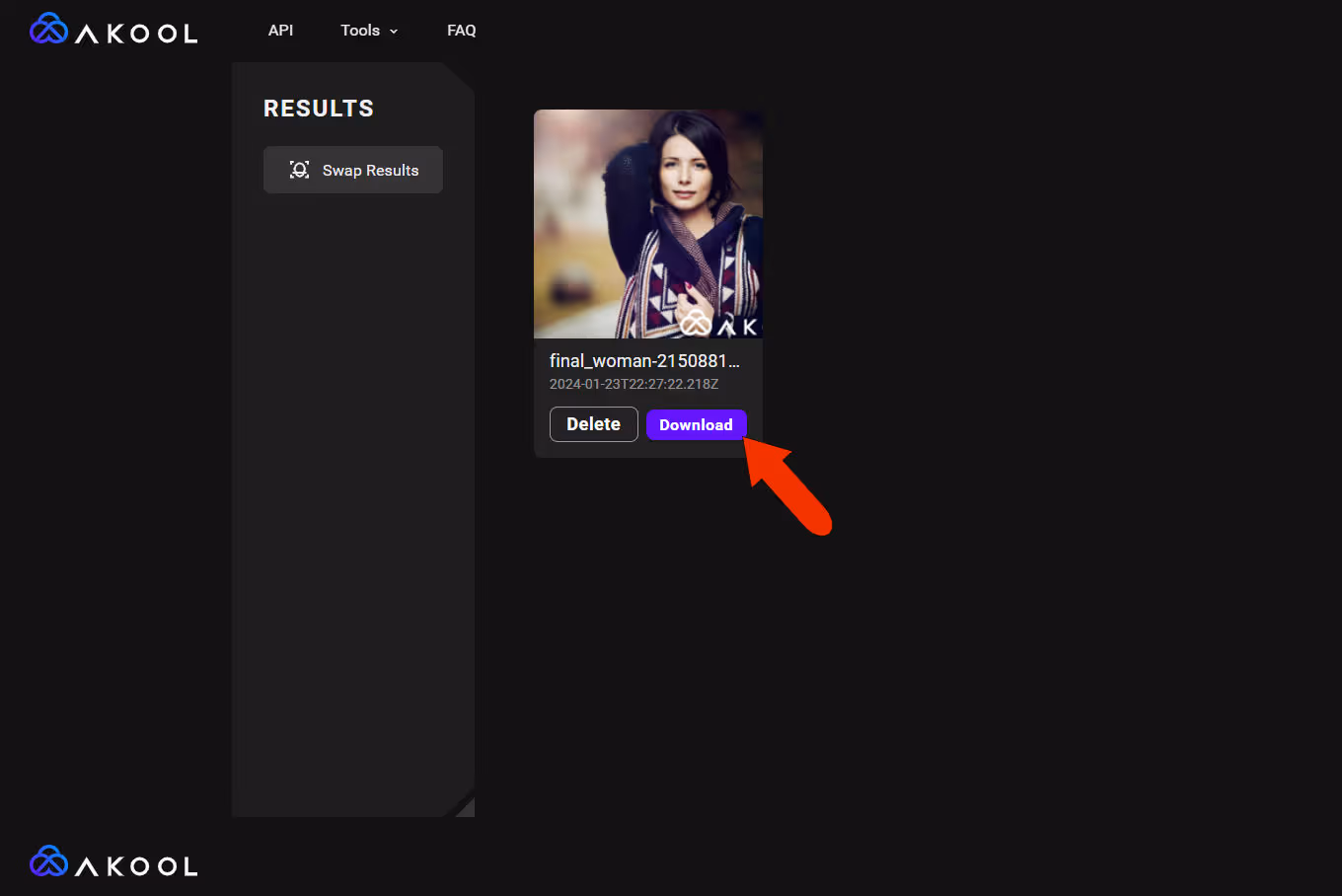 Getting your swap results & downloading it on Akool's face swap tool page