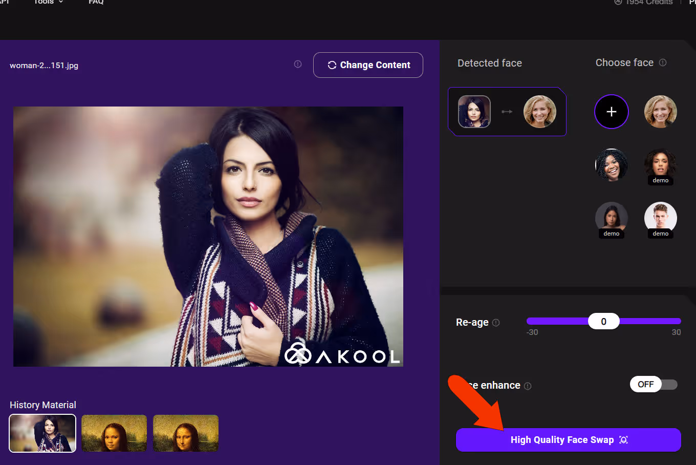 Clicking the high quality face swap button on Akool's faceswap tool