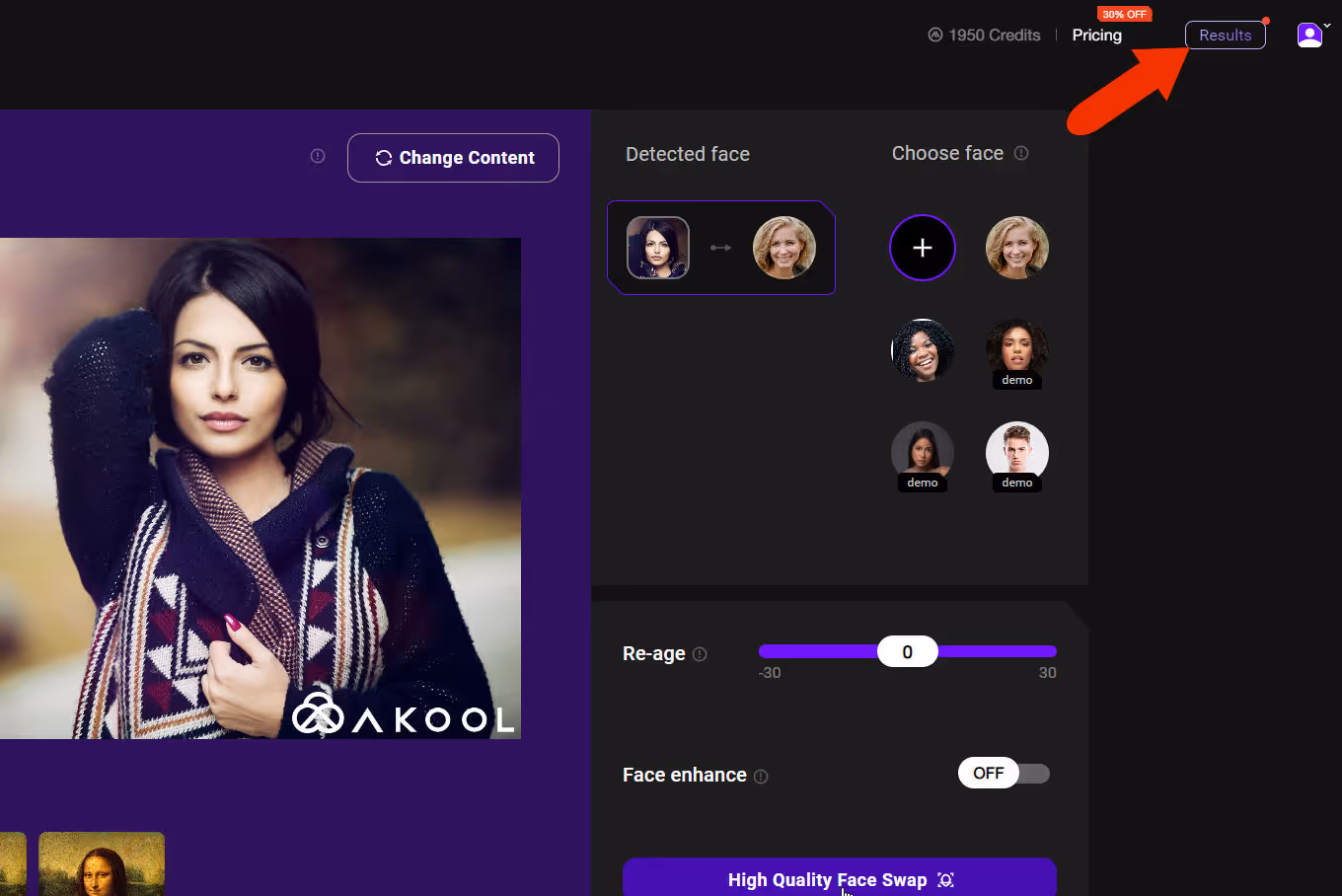 Getting your results on the Akool face swap tool