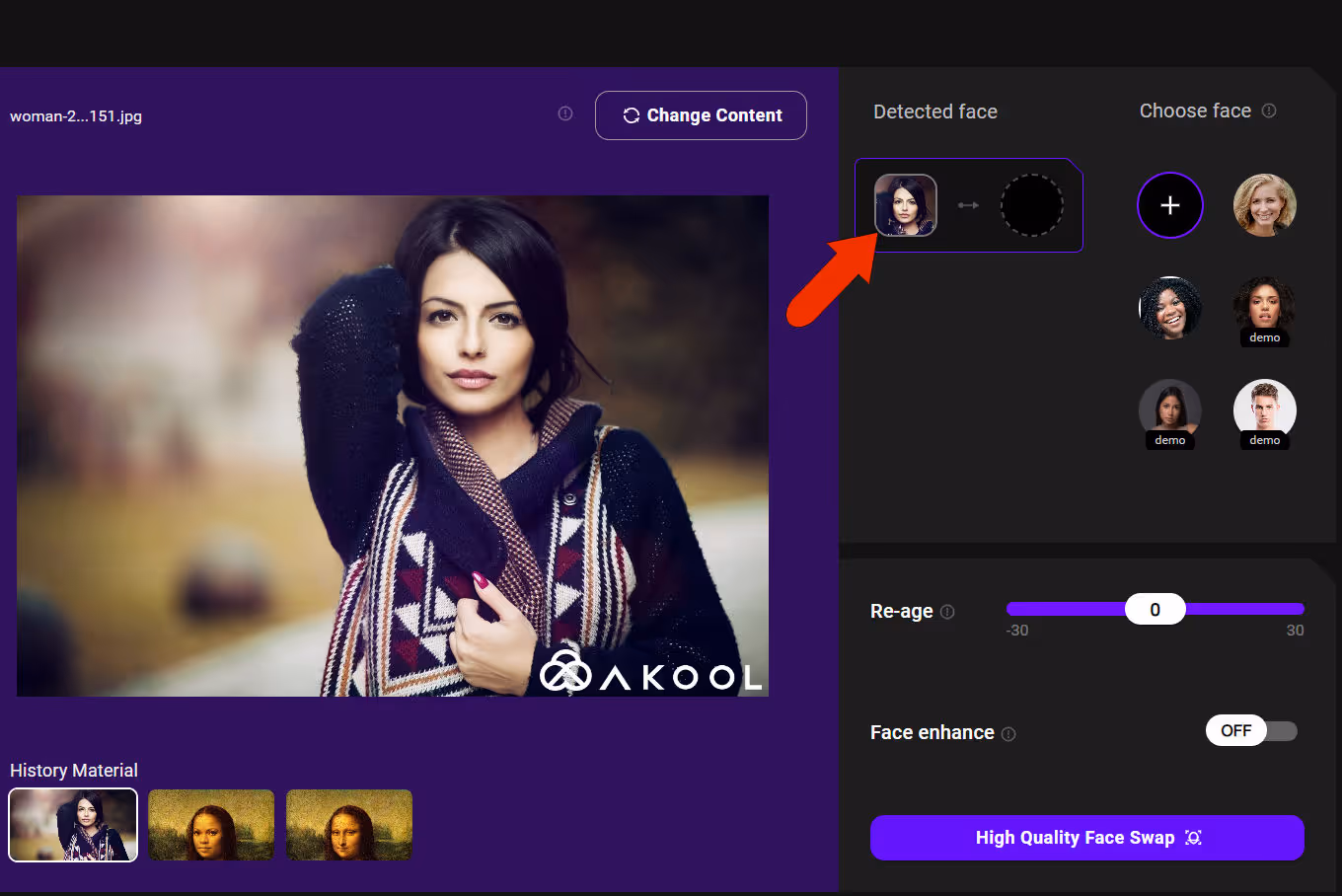 How Akool's faceswap AI tool analyzes and identifies the face of the file you upload
