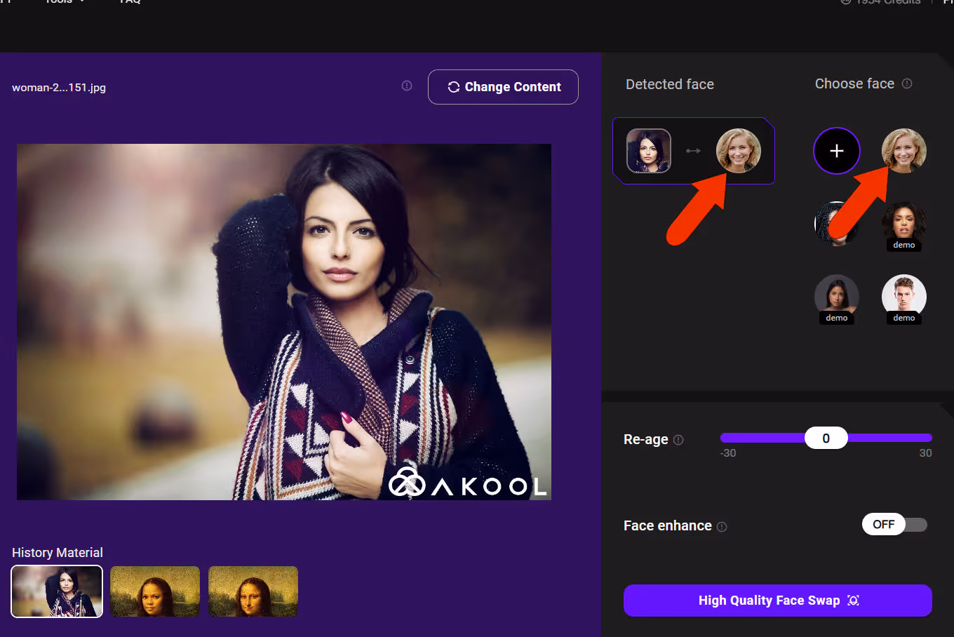 Adding the face to the detected faces list in Akool's faceswap tool