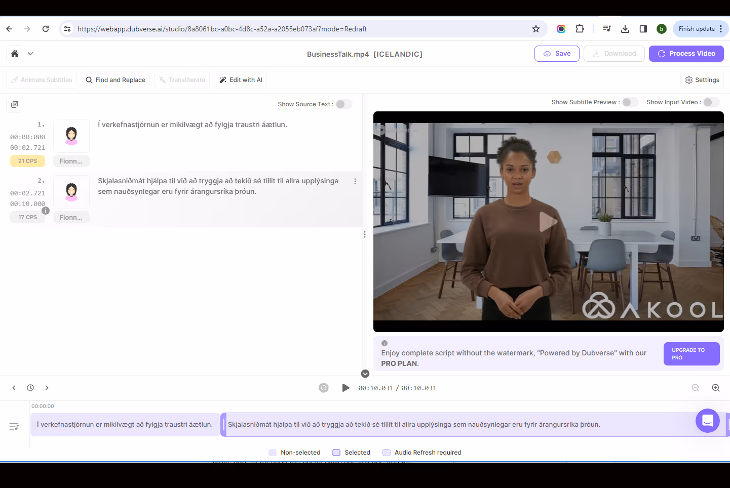 akool video editor page with AI-translated script