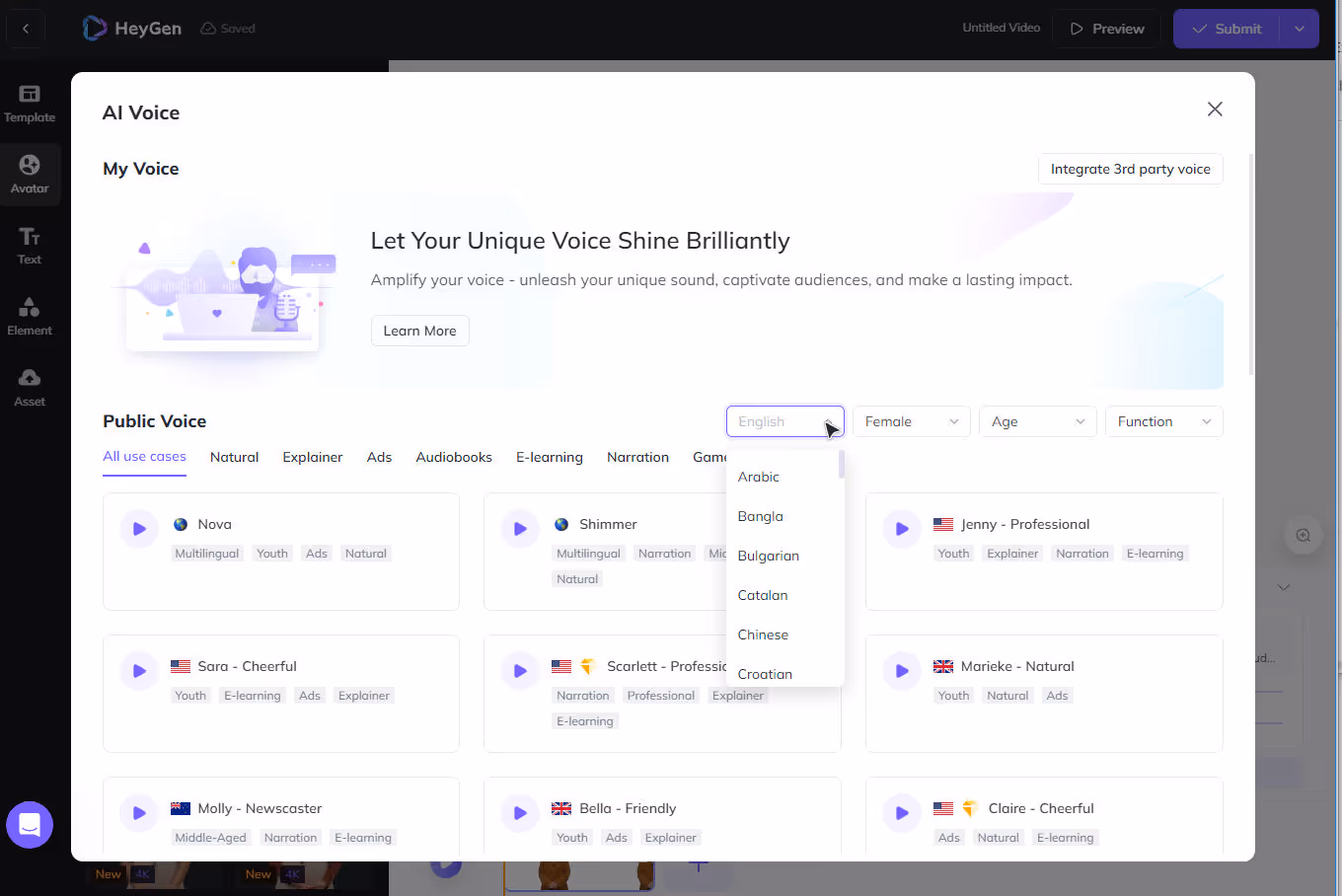 Heygen's video translation tool user interface