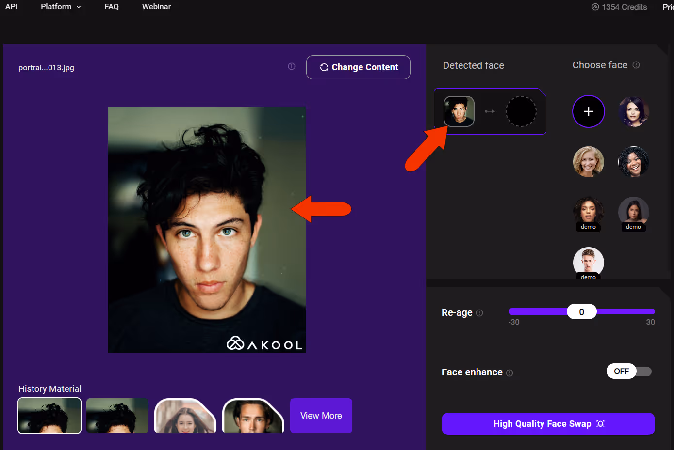akool detected face with re-age option