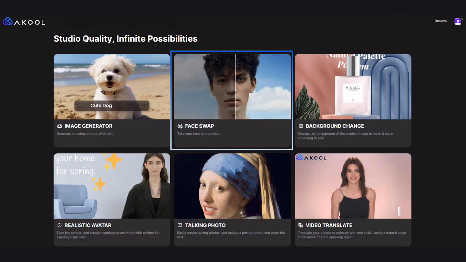 akool tool page where face swap is selected