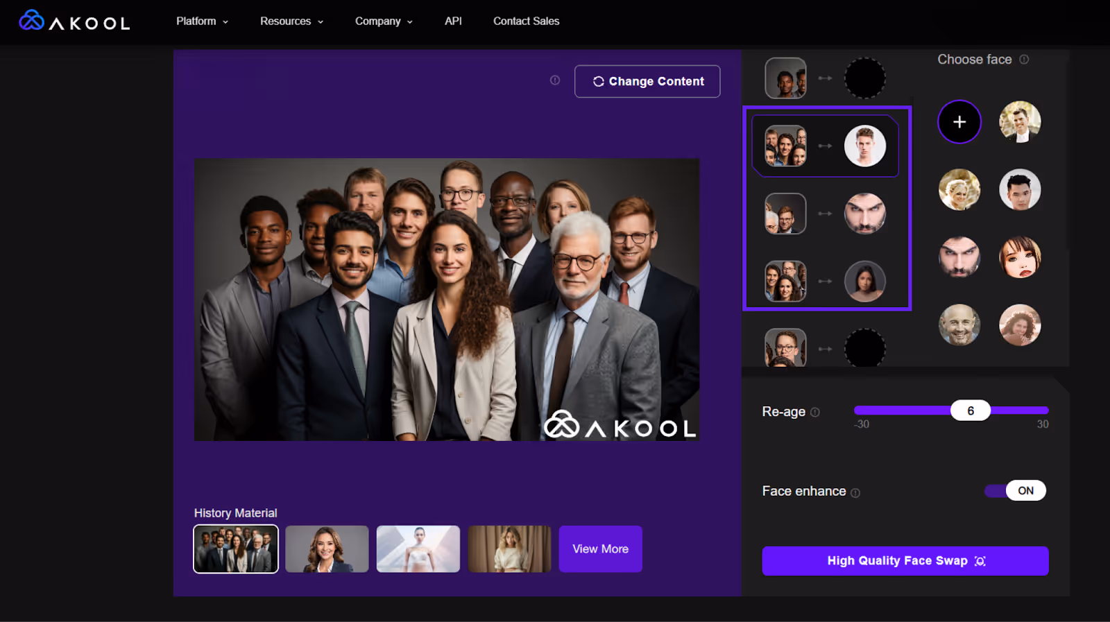 different face changing options shown in akool group faceswap feature