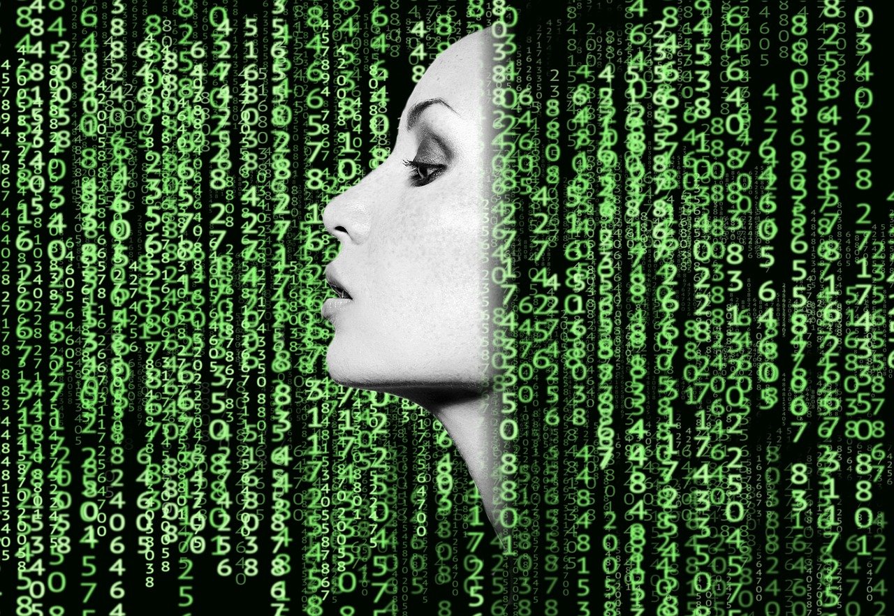 a woman picture, with a random numbers generated in background, showing an illustration of coding
