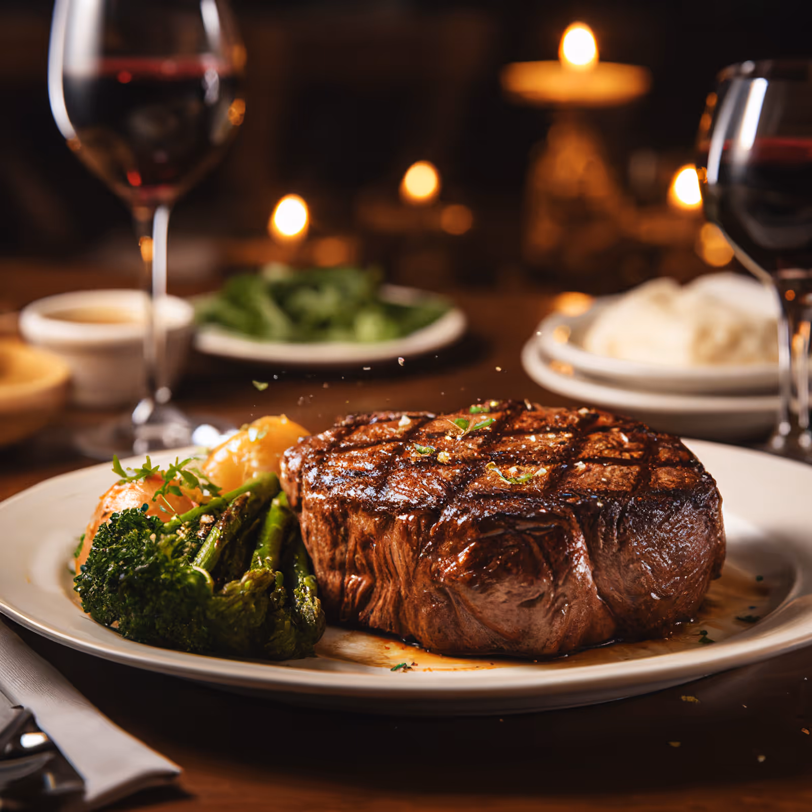 a sizzling steak with drink