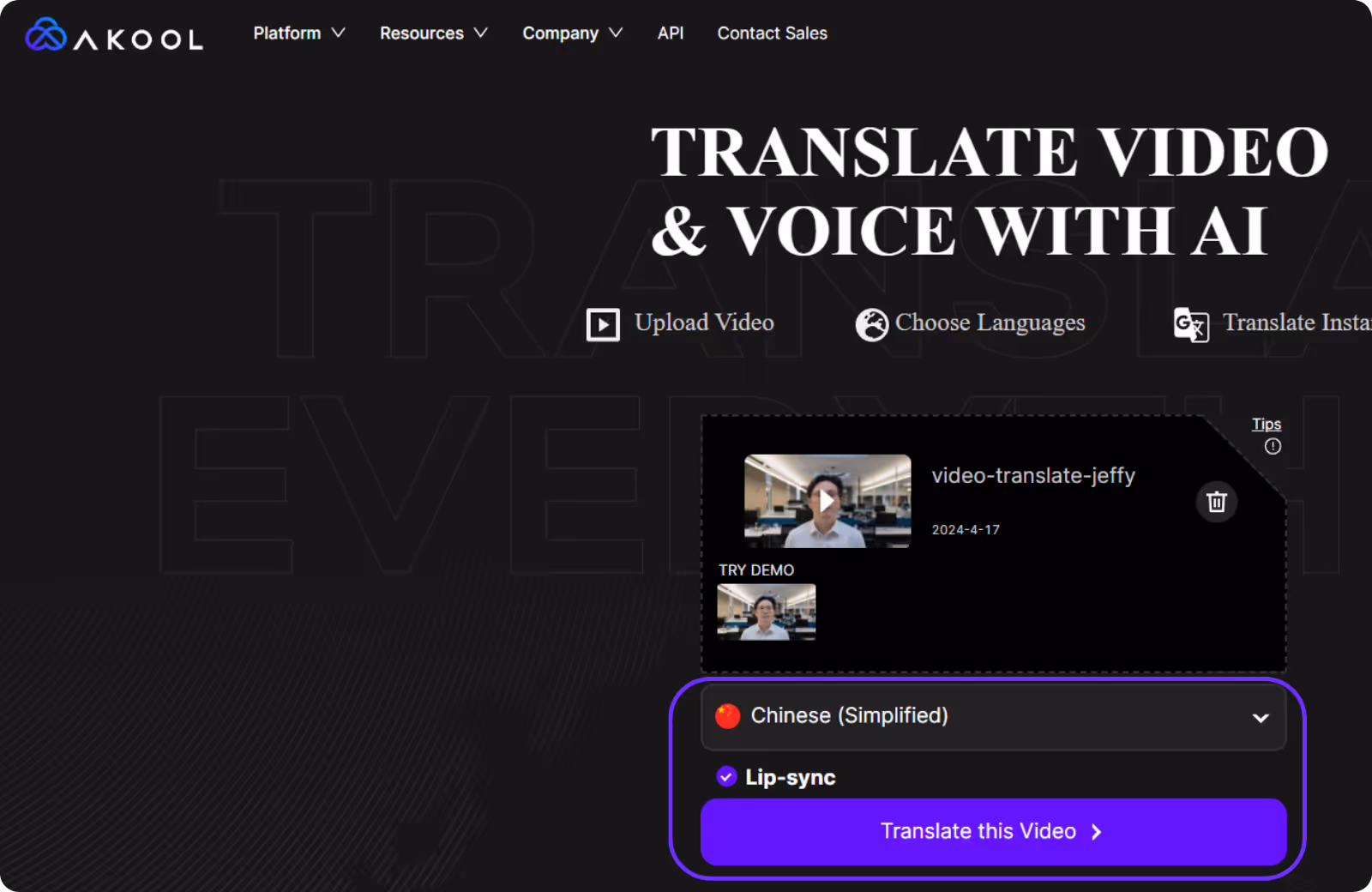 akool translate video option with lip sync selected