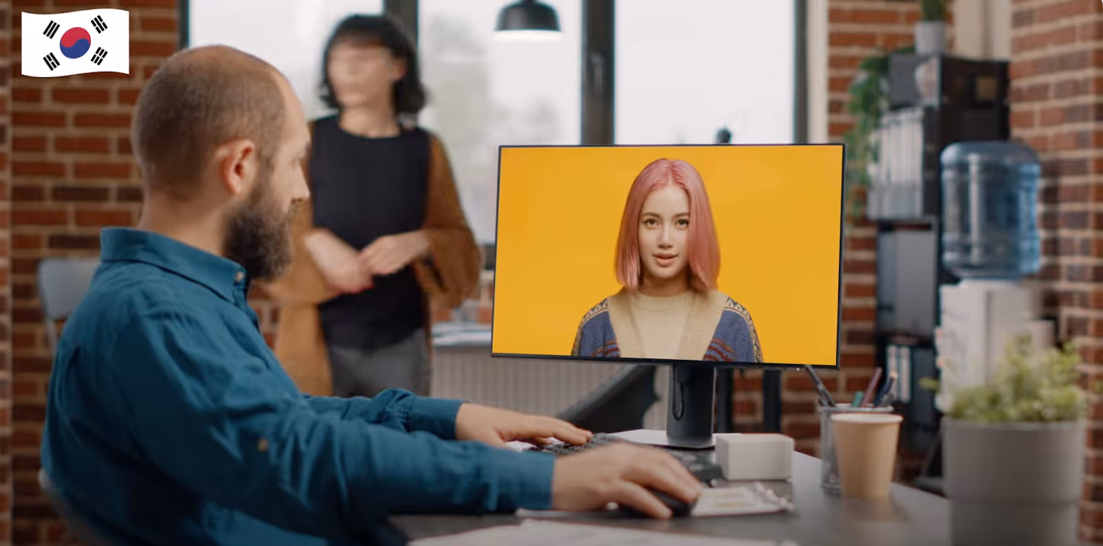 An employee interacts with an AI generated video