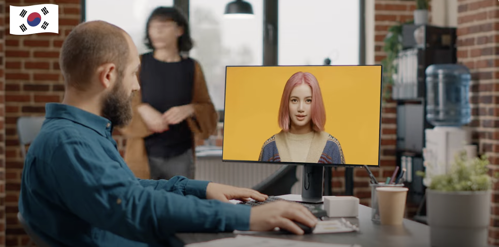 An employee interacts with an AI generated video