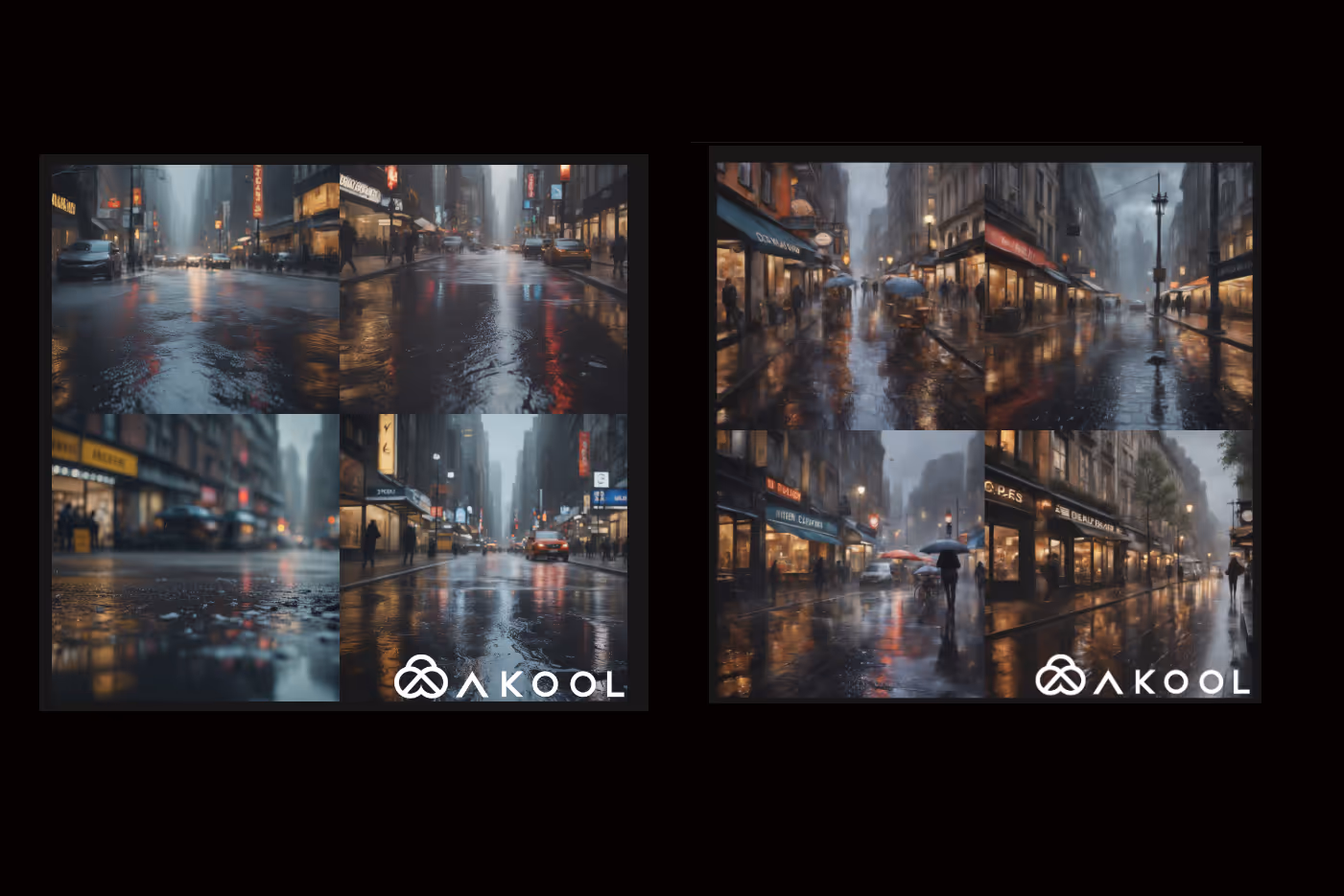 A collage of a street with buildings and a person holding an umbrellaDescription automatically generated