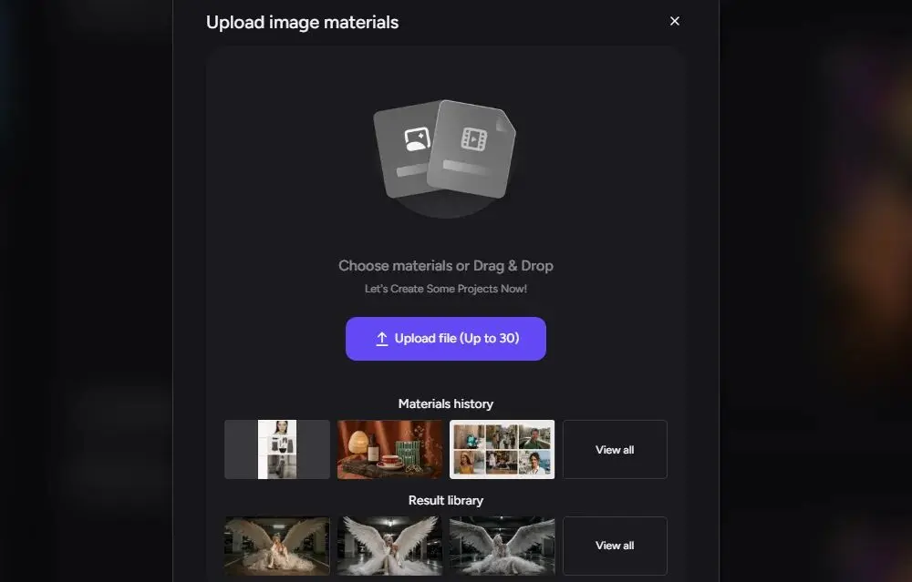 AKOOL Image to Video AI upload screen, where users drag and drop product photos or select from materials history to generate dynamic video clips.