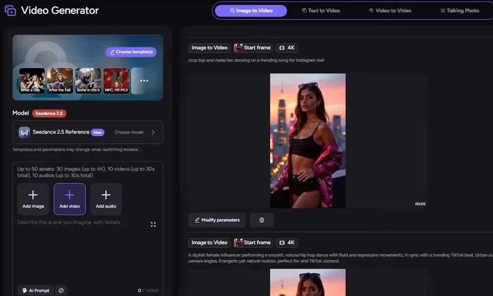 AKOOL Image to Video interface with reference upload options and a preview of a woman in a crop top.